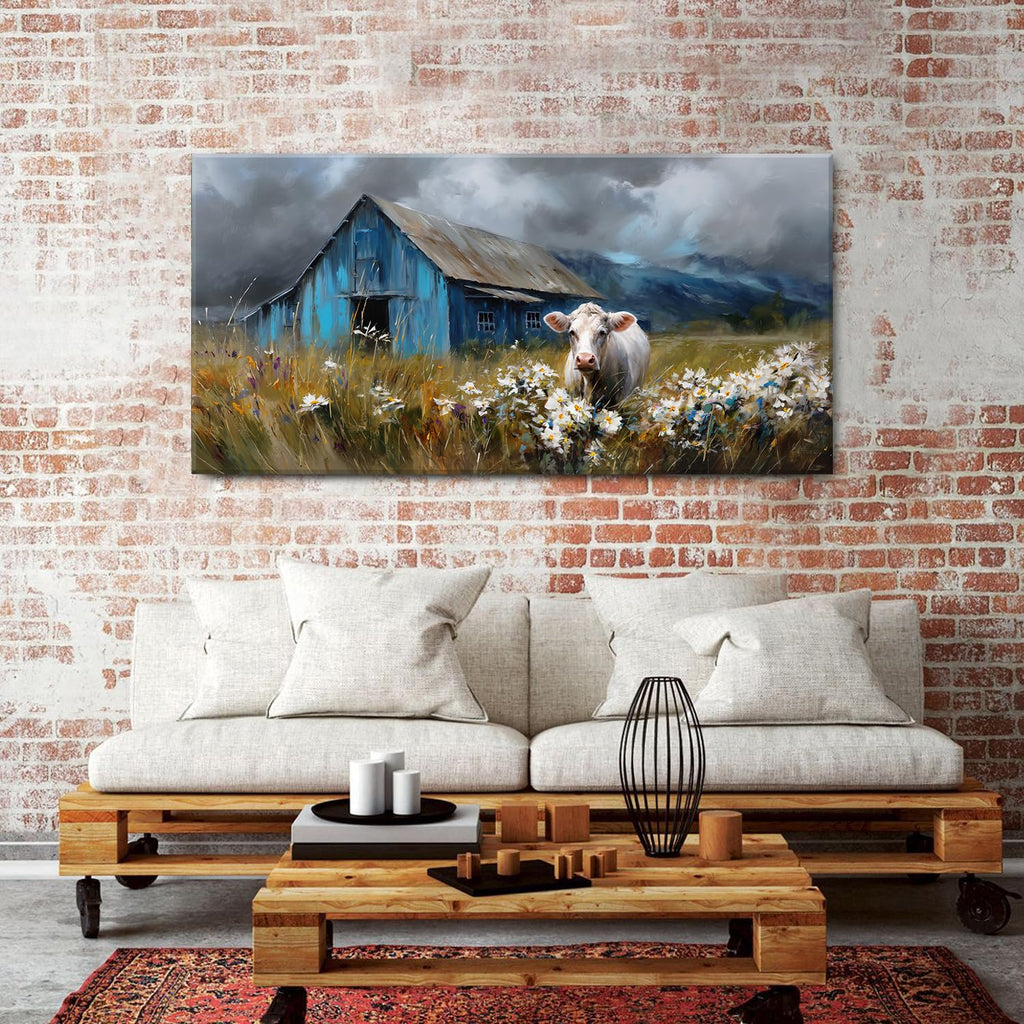 Rustic Farmhouse Wall Art Cow and Blue Barn Canvas Pictures Country Landscape Wall Decor Wildflower Field Painting