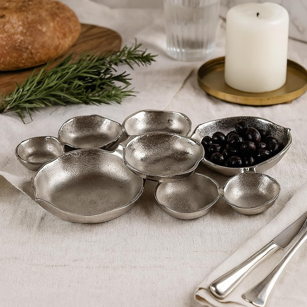 9 Cluster Decorative Bowls Bright Silver Snack Tray Bowl Chip & Dip Serving Piece Strong Brass Centerpiece Beautiful