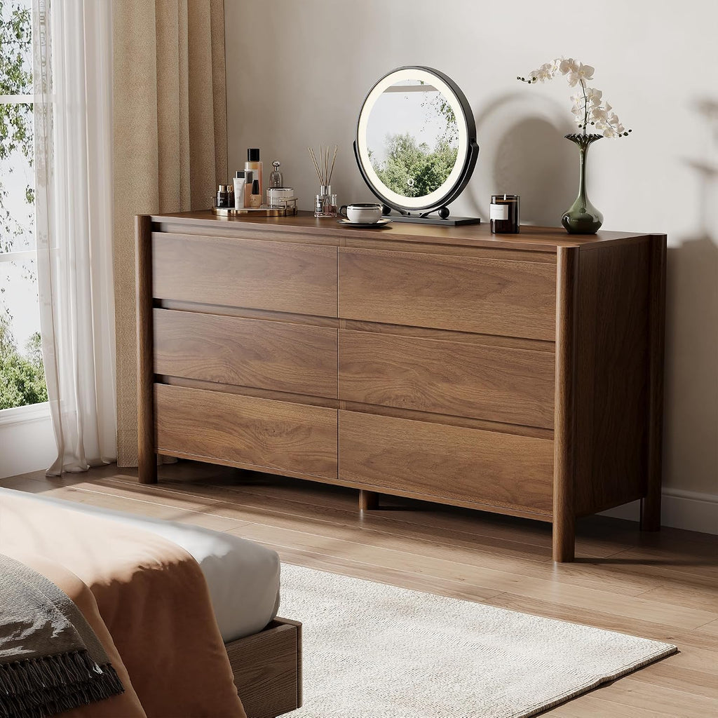 47" Wide 6-Drawer Dresser,Mid-Century Modern Chest with Solid Wood Legs, Concealed Handle,Large Wood Storage