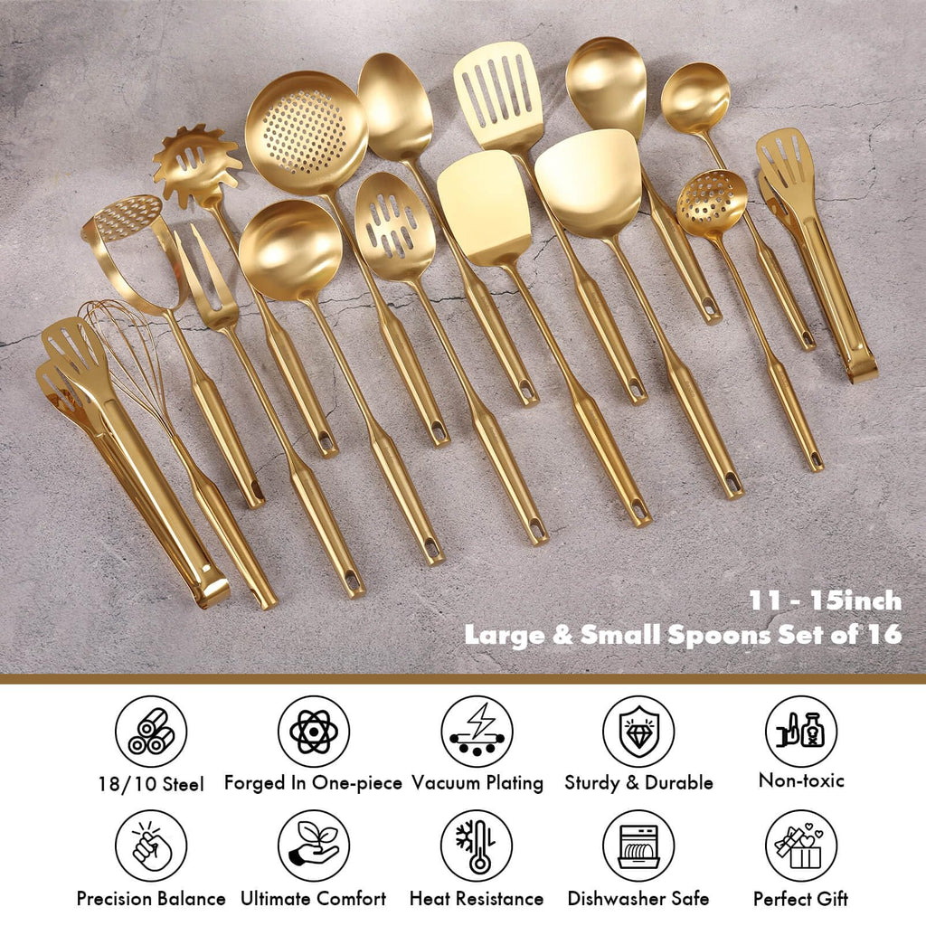 Gold Cooking Utensils Set - 16 PCS All Metal Small and Large Spoons Set