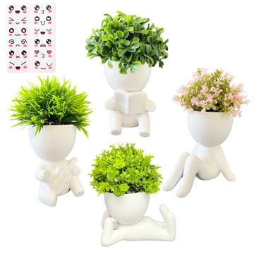 4 Packs Creative Small Fake Plants Artificial Succulents in Ceramic Human Shaped Pots Cute Office Plants For Desk