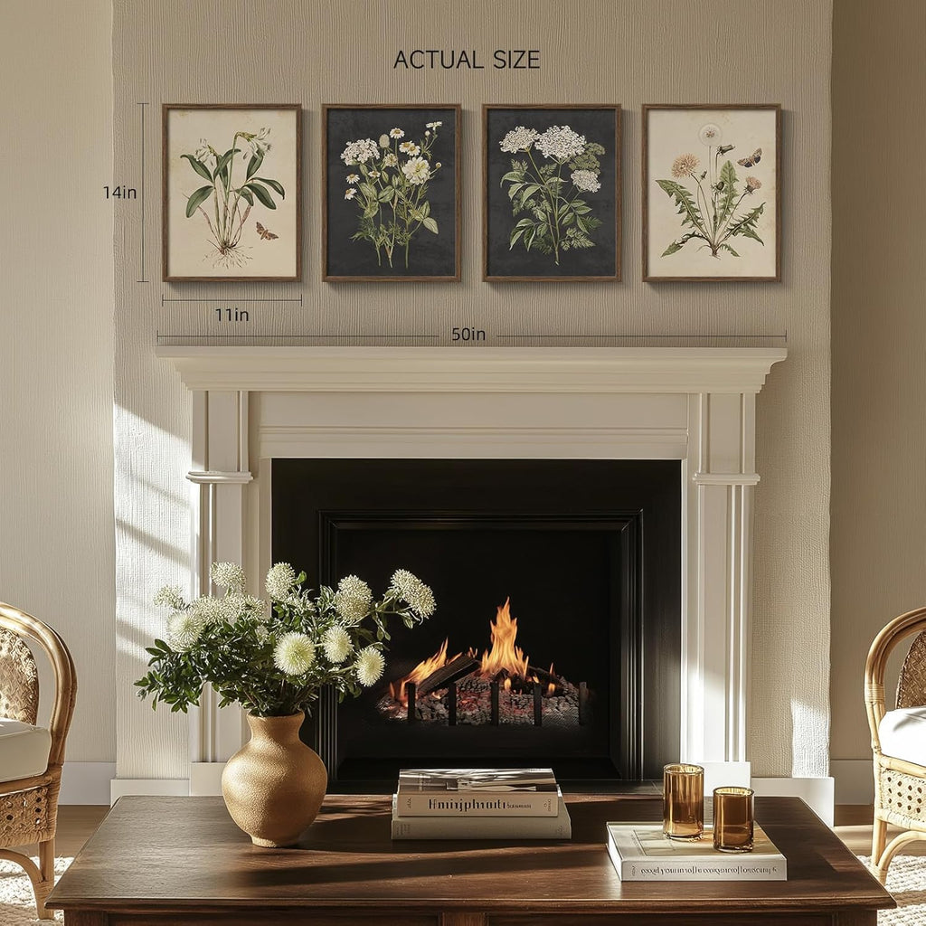 Framed Vintage Botanical Wall Art Bedroom, 4 Piece Rustic Farmhouse Floral Canvas Prints Artwork, Neutral Flower