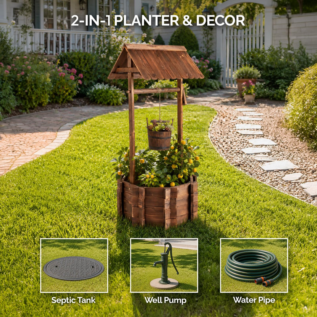 Wooden Wishing Well Outdoor Planters, Well Covers for Yard with 4 Reinforced Rods, Height Adjustable Hanging Bucket