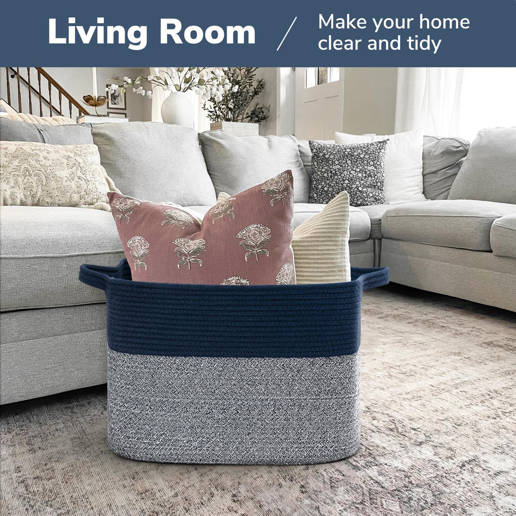 50L Large Woven Storage Basket, 18" x 14" x 12", Blue