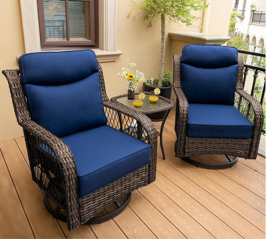 3-Piece Wicker Outdoor Patio Furniture Set - Swivel with Thick Cushions for Patio, Garden & Porch