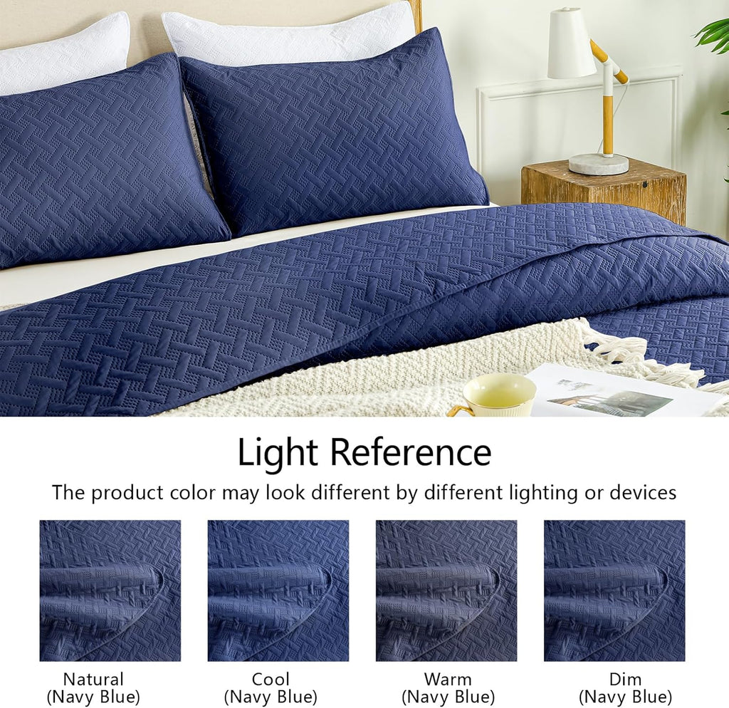 Quilts Queen - Ultra Soft Navy Blue Quilt Lightweight Microfiber Bedspreads, Classic Basket Weave Pattern Bedspread