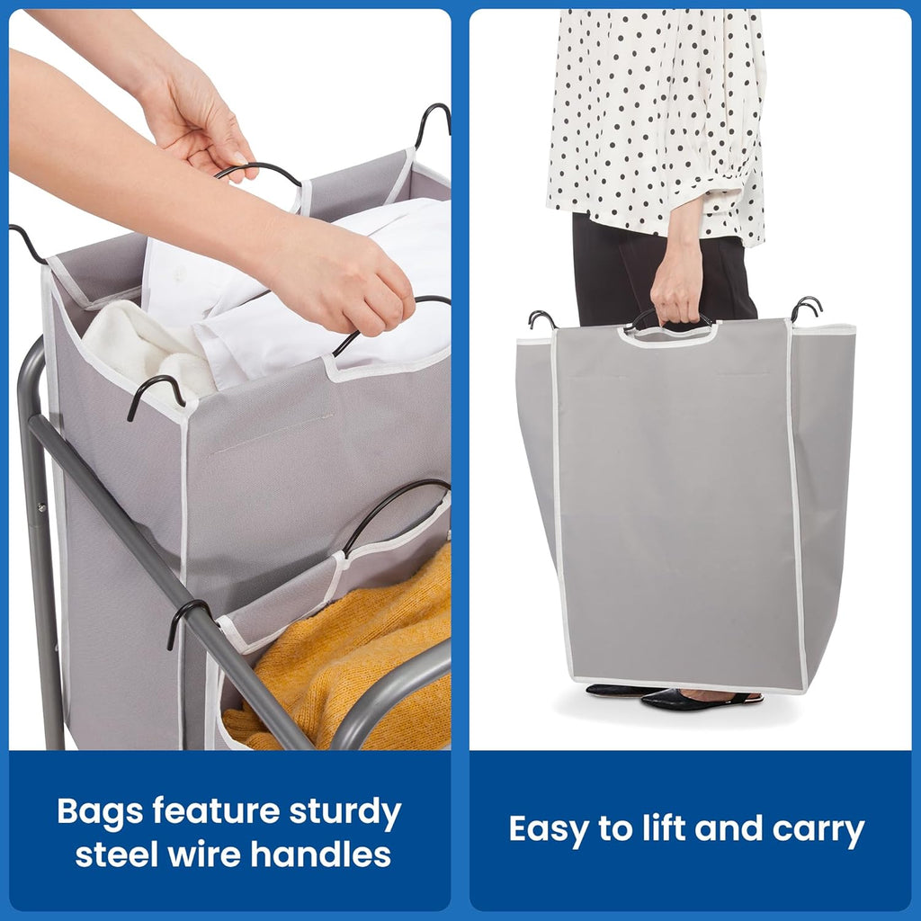 Laundry Sorter 2 Section, 90 L Gal Laundry Hamper with Wheels, Clothes Basket Separator Sorter, 2 Bag Rolling Cart