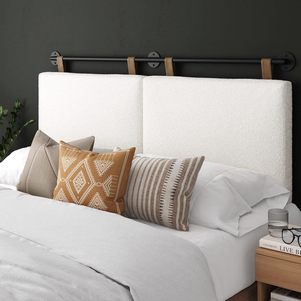 Wall Mount Hanging Upholstered Headboard, Queen, White Boucle with Brown Faux Leather Straps
