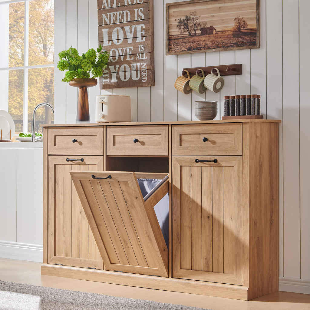 Triple Tilt Out Laundry Hamper Cabinet, Trash Cabinet, Natural