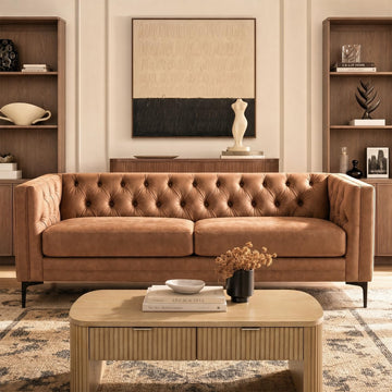 84" Faux Leather Sofa, Mid Century Modern 3 Seater Couch, Camel