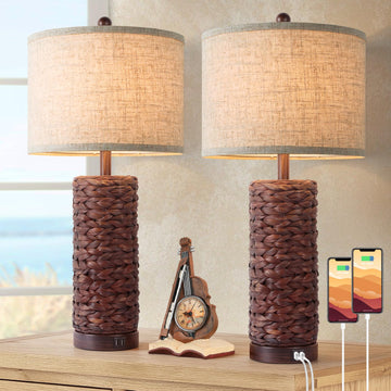 27Inch Tall Seagrass Table Lamps Set of 2 with 2 USB Ports