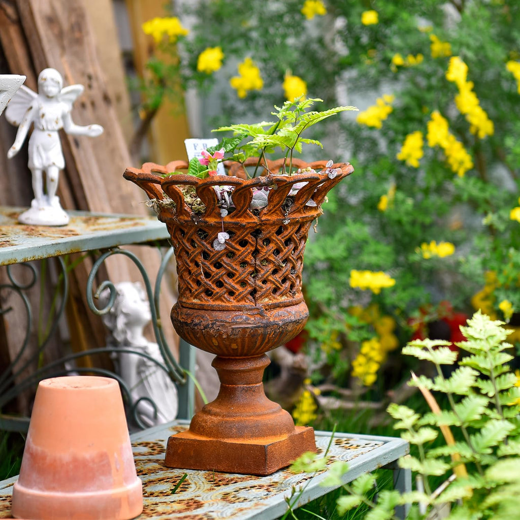 Cast Iron Rust Urn Planter - 10 Inches Hollow Trophy-Shaped Design