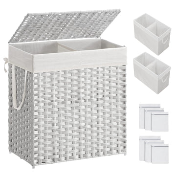 Laundry Hamper with Lid, 110L Double Wicker Basket, 6 Mesh Bags