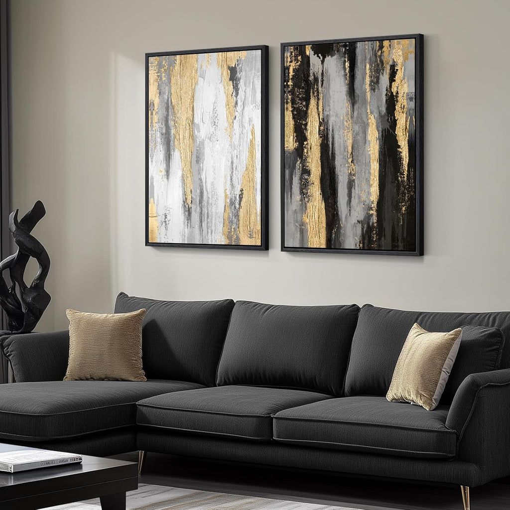 Large Framed Black and White Abstract Wall Art, Set of 2 Piece Minimalist Canvas Prints Paintings Artwork for Walls