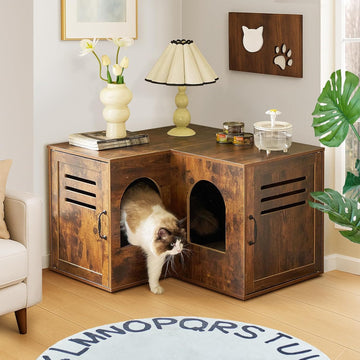 31.5in Corner Cat Litter Box Enclosure with Double Room, Brown