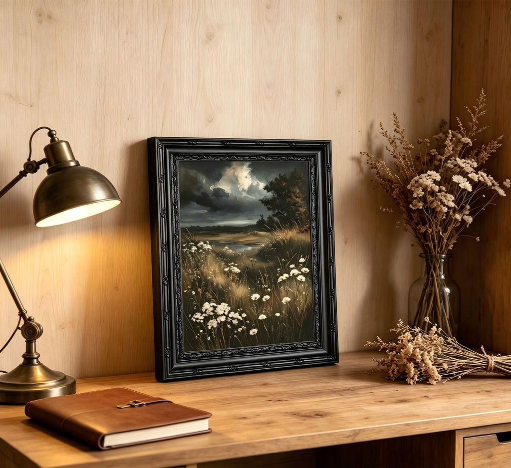Dark Moody Landscape Framed Wall Art, Vintage Gothic Wildflower Meadow Canvas Print with Ornate Black Carved Frame
