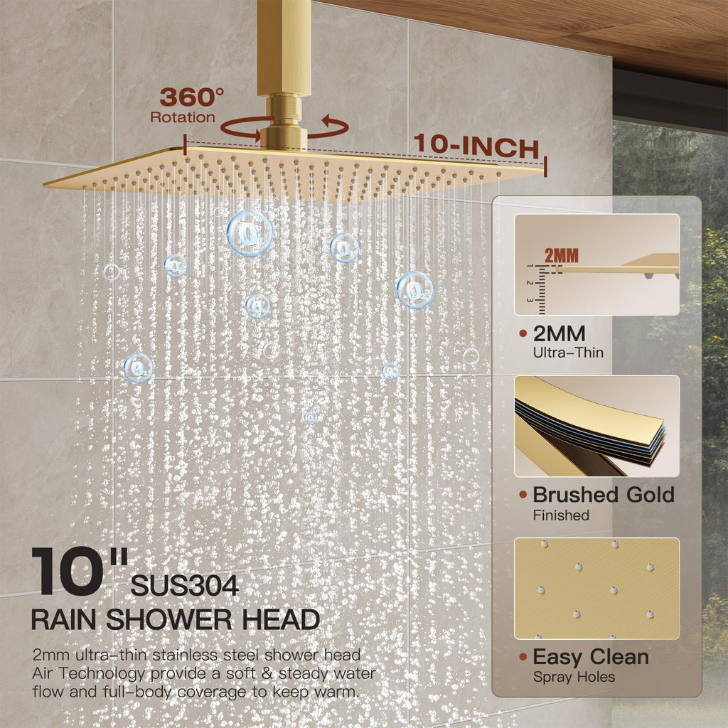 Gold Shower System, All Metal Dual Rain Shower Head with Handheld