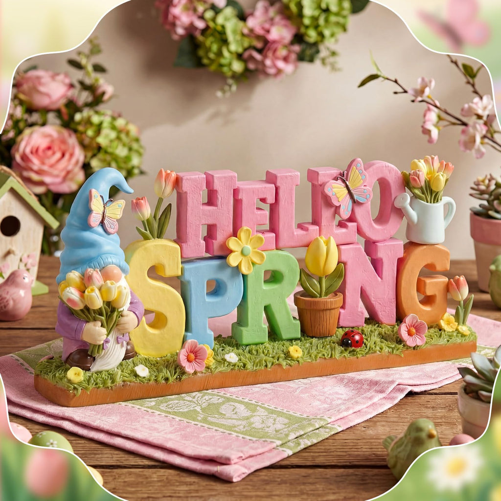 1 Pack Hello Spring Table Decoration Resin Spring Gnome Decorations Pastel Flower Table Sign Festive Floral Statue