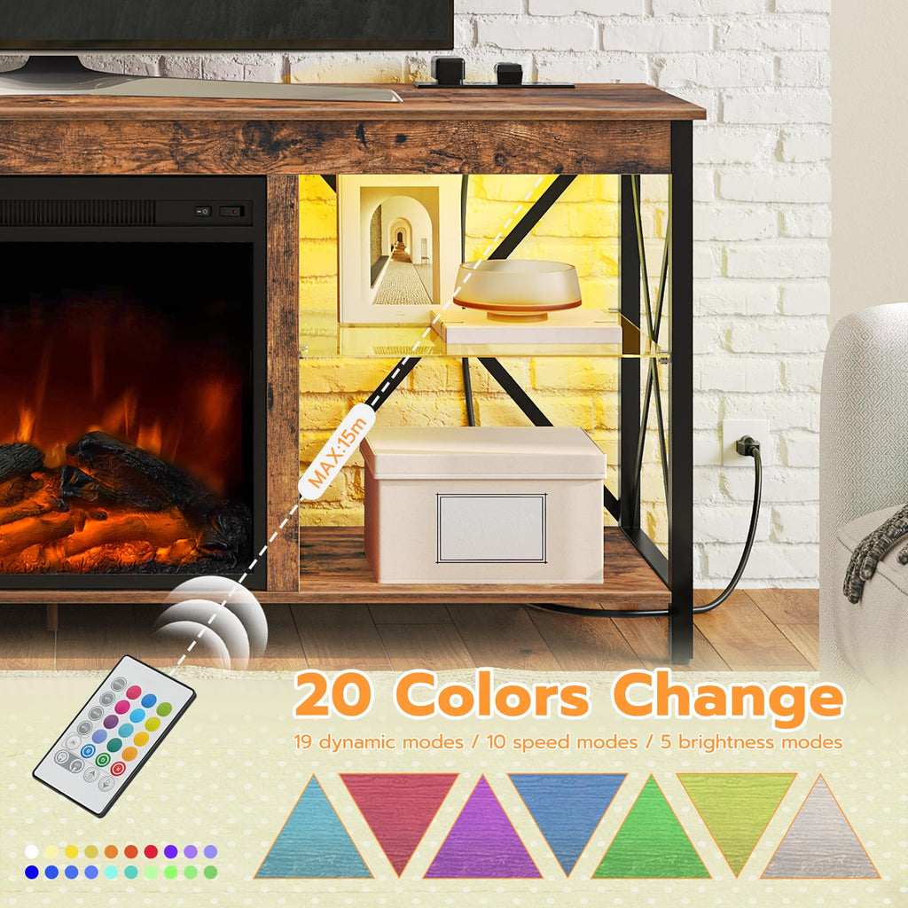 Fireplace TV Stand with Charging Station and LED Lights, TV Stand with Fireplace for TVs up to 55", Entertainment