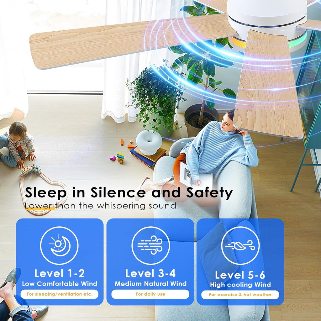46" Flush Mount RGB Ceiling Fans with Lights - White Low Profile Ceiling Fan Light with Remote/APP, RGB+3CCT 6 Wind Speeds and Reversible, Modern Fan Light Fixture for Party, Kiad's Room A101-B0F1L6V1M2