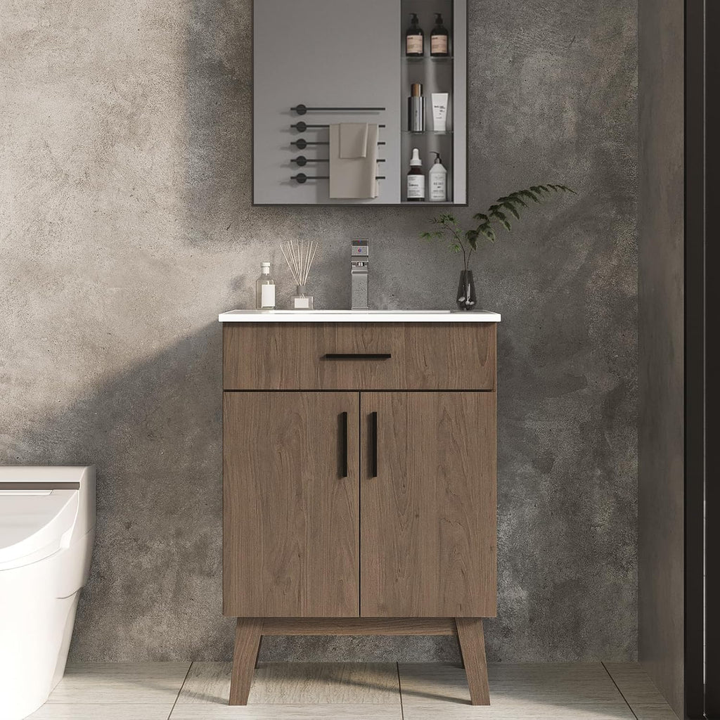 24-Inch Bathroom Vanity with Sink – Modern Single Basin Cabinet with Soft-Close Doors and Metal Handles, Brown