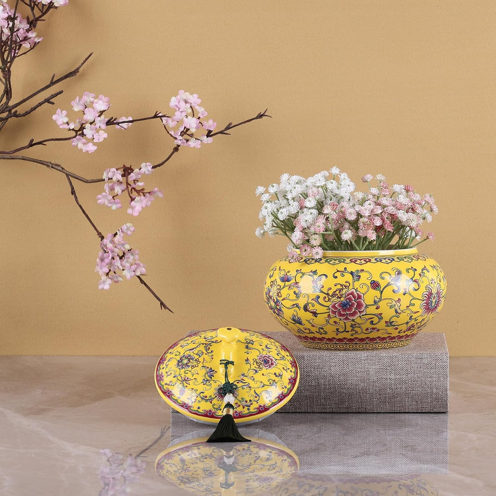 Decorative Ceramic Enamel Ginger Jar Decor - Blue and White Porcelain Storage Jar, Chinoiserie Flower Vase