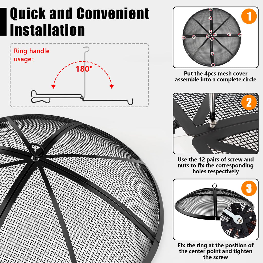 Fire Pit Spark Screen, Fire Pit Screen 27 Inch Round with Handle & Poker