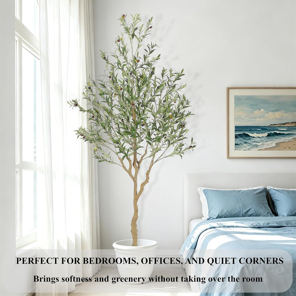 Tall Faux Olive Tree,7ft(84in) Realistic Potted Silk Artificial Indoor with Green Leaves and Big Fruits Living Room