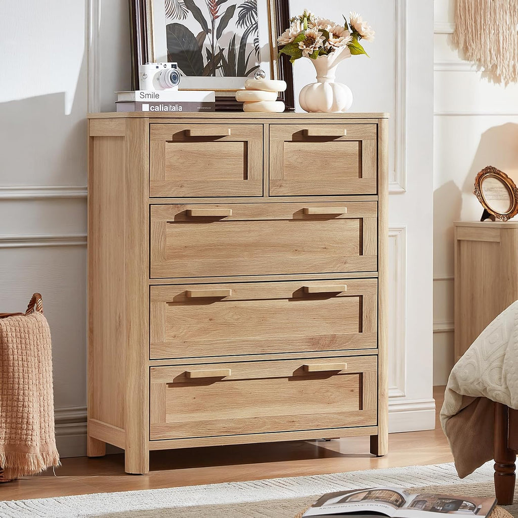 Farmhouse 5 Drawer Dresser , Vertical Dressers Chest of Drawers with 5 Deep Drawers & 4 Thickened Table Legs, Natural