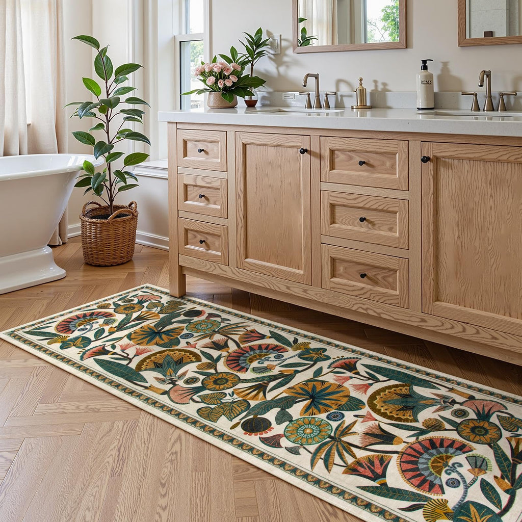 Washable Kitchen Runner Rug, Floral 2x6 Rug Runners s, Washbale Non Slip Beige Rugs, Soft Low Pile Carpet Entryway