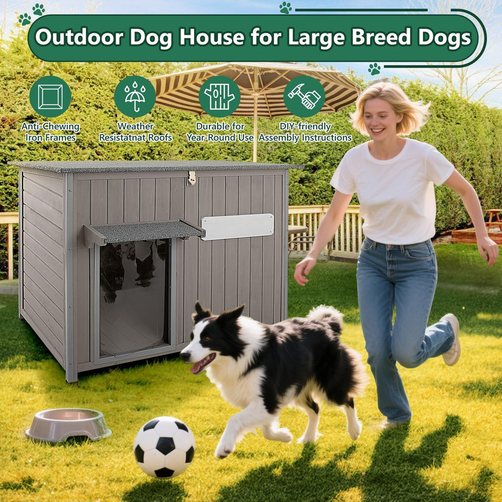 43.3" L Large Outdoor Dog House Weatherproof Doghouse for Medium to Large Dogs with Anti Bite Frames Wooden Dog