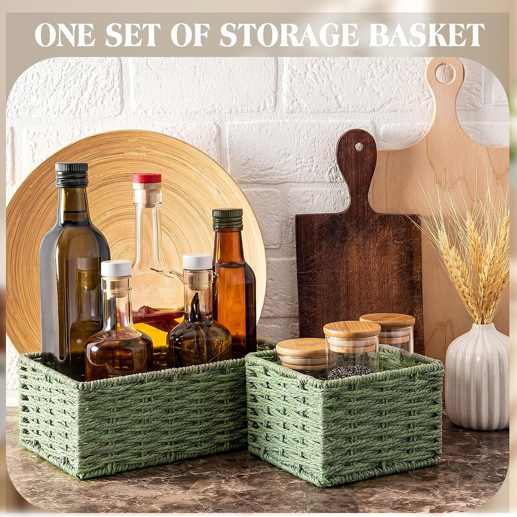 Sage Green Storage Baskets Set 4 Pack Rustic Paper Rope Woven Decorative Basket Organizer in 3 Size Storage Bin Box