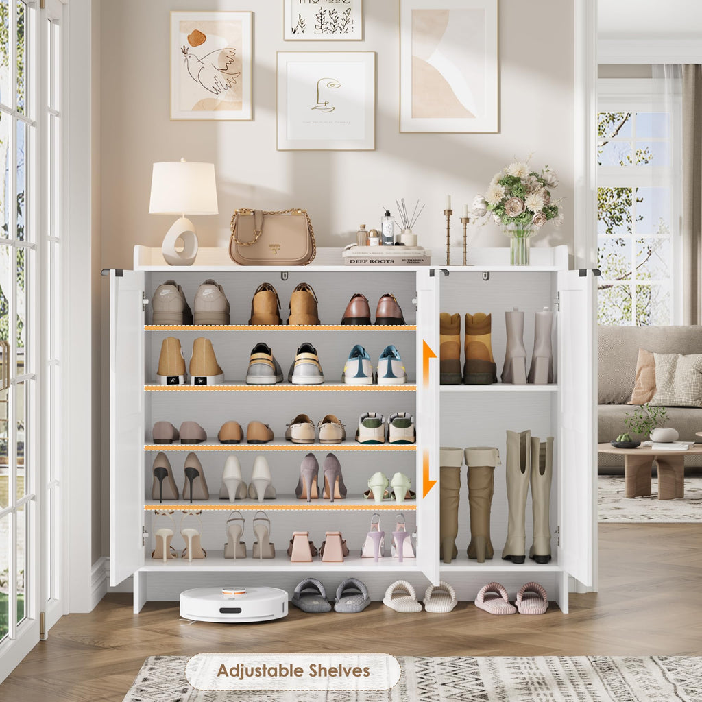 Farmhouse Shoe Cabinet with Doors, 4 Adjustable Shelves, White
