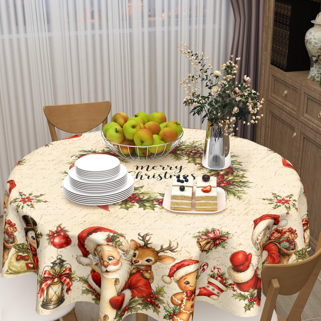 Merry Christmas Tablecloth Round 70 Inch Xmas Santa Reindeer Snowman Gingerbread Man Table Cloth Circle Washable