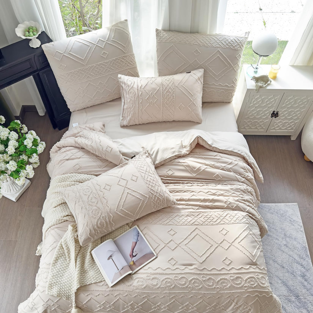 Boho King Size Comforter Set Beige Tufted Geometric All Seasons