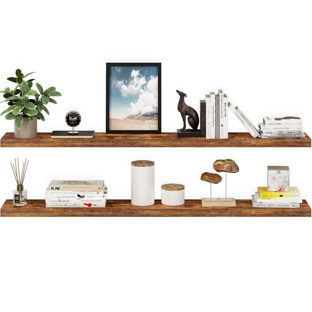 Floating Shelves for Wall, 60" Wood Wall Shelf Set of 2, with Invisible Brackets, 8" Deep, Rustic Brown