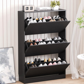 Shoe Storage Cabinet with 3 Flip Drawers, Narrow Shoe Rack Cabinet, Freestanding Organizer Storage, Black