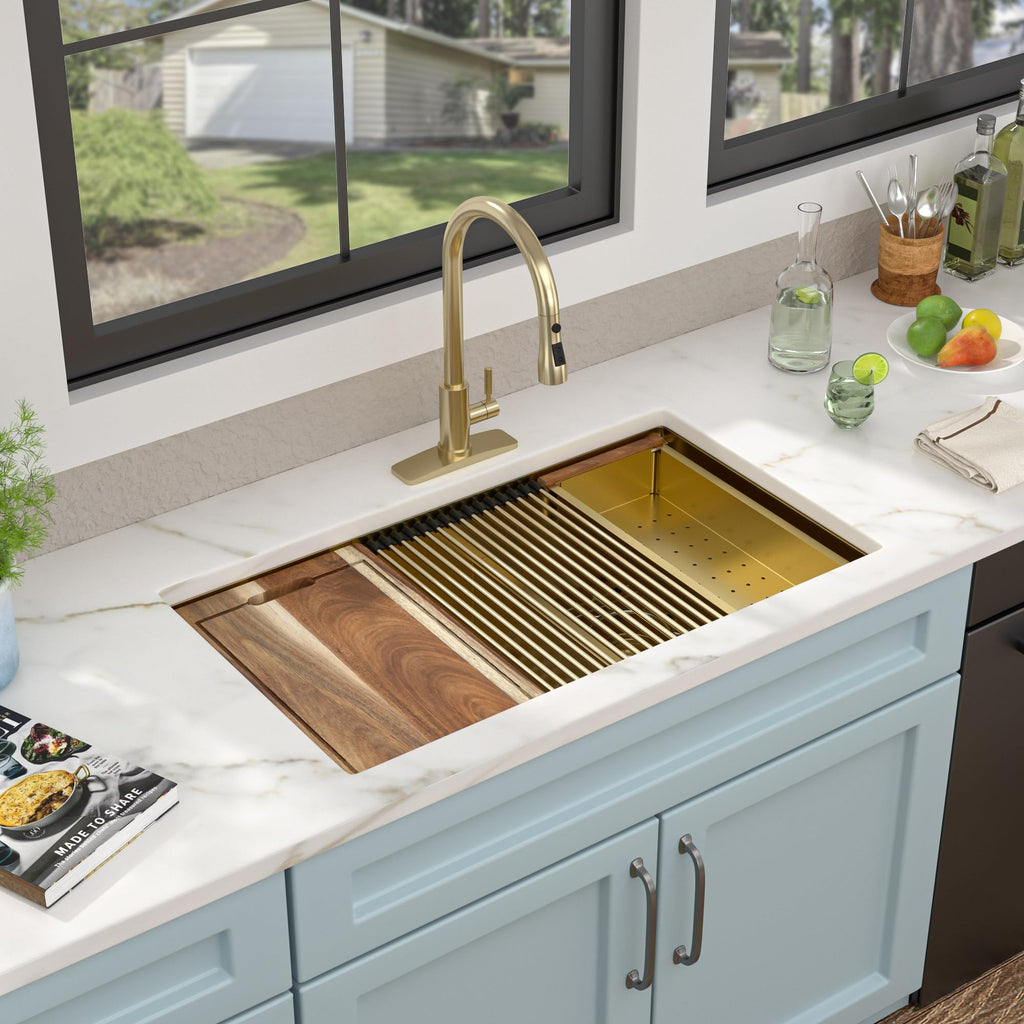 33"x19" Undermount Gold Double Bowl Kitchen Sink Workstation