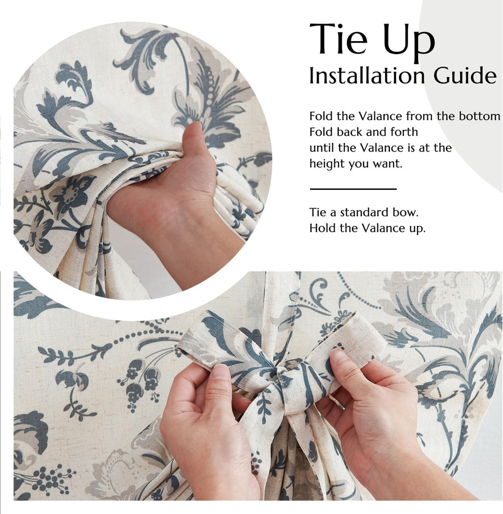 Tie Up Valance Curtain Floral Linen for Windows Farmhouse 45 Inch Damask Printed Short Window Treatment Adjustable