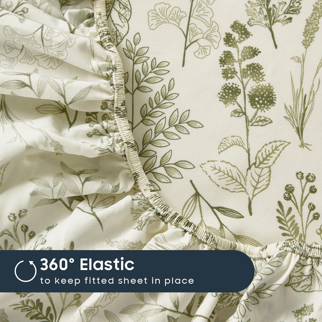Bed Sheets, 4-Piece Sheet Set, Floral Shabby Chic Leaves Pattern Printed Coquette Vintage Aesthetic