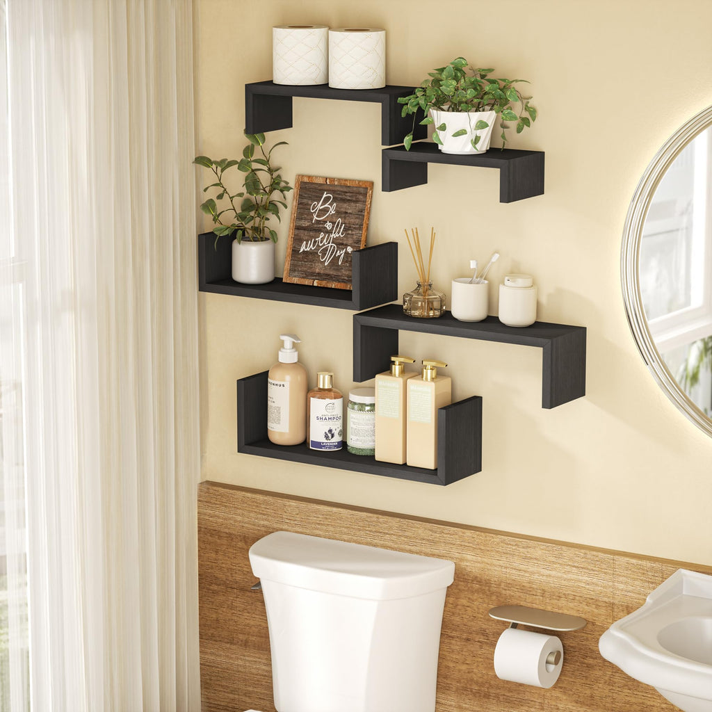 Black Floating Shelves, Set of 5 Solid Wood Wall Mounted Shelves