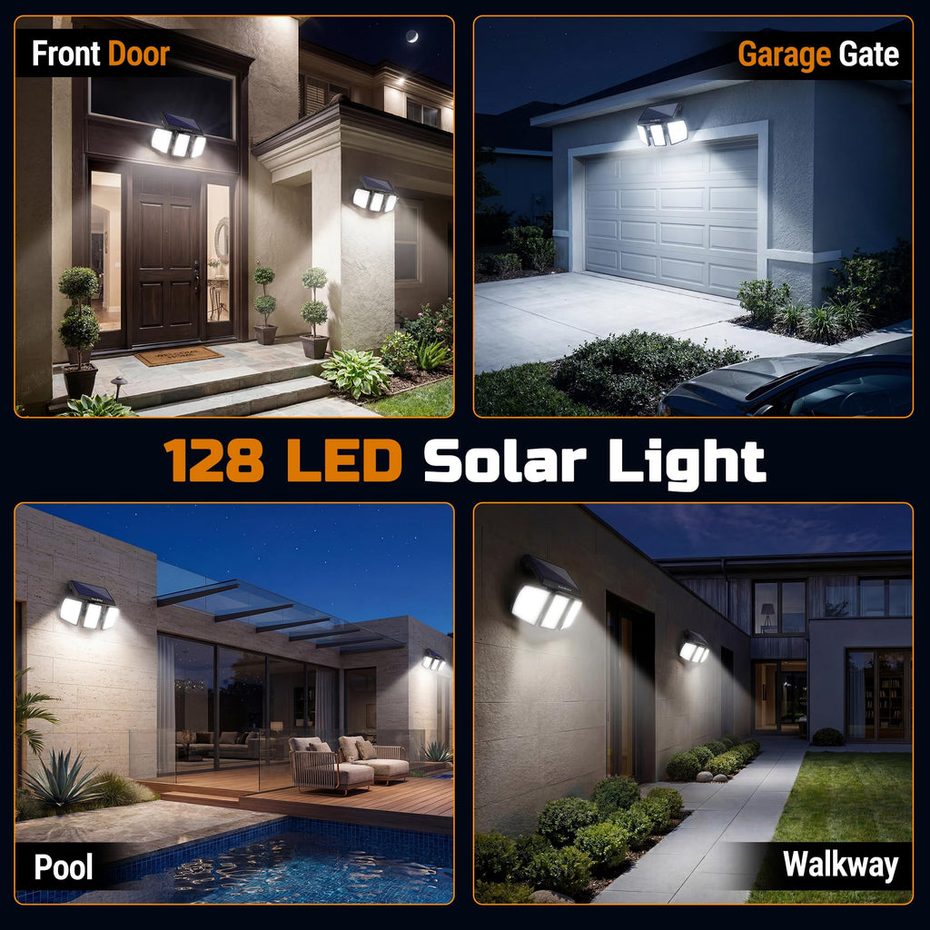 2PK Solar Motion Sensor Lights, 3 Heads, IP65 Waterproof Outdoor