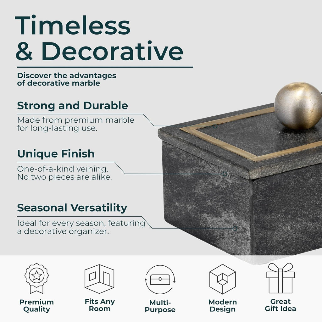 Decorative Rectangular Box with Knob - Marble & Metal Modern Decorative Box Decor - Jewelry, Keepsakes, Accent Table