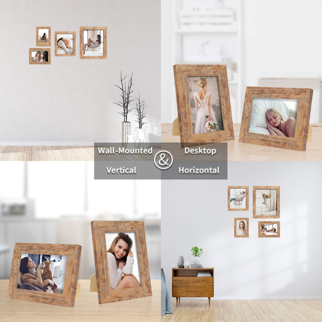 8x10 Picture Frame Set of 4, High Definition Real Glass Rustic Brown Frame, 8 x 10 Wood Photo Frames for Desktop