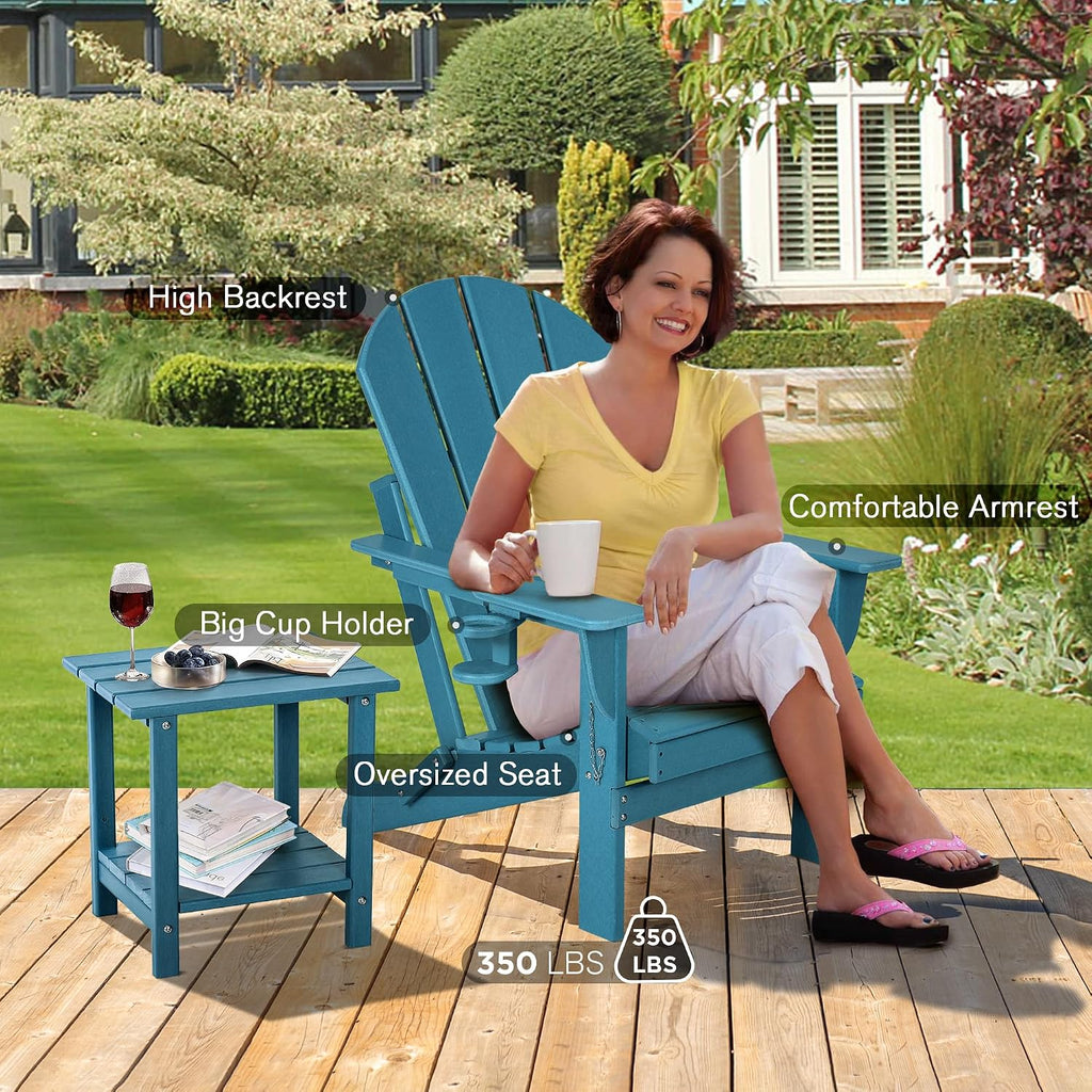 Folding Adirondack Chairs Set of 2 with Cushion with Cup Holder, HDPE Plastic Oversized Patio Chair Weather