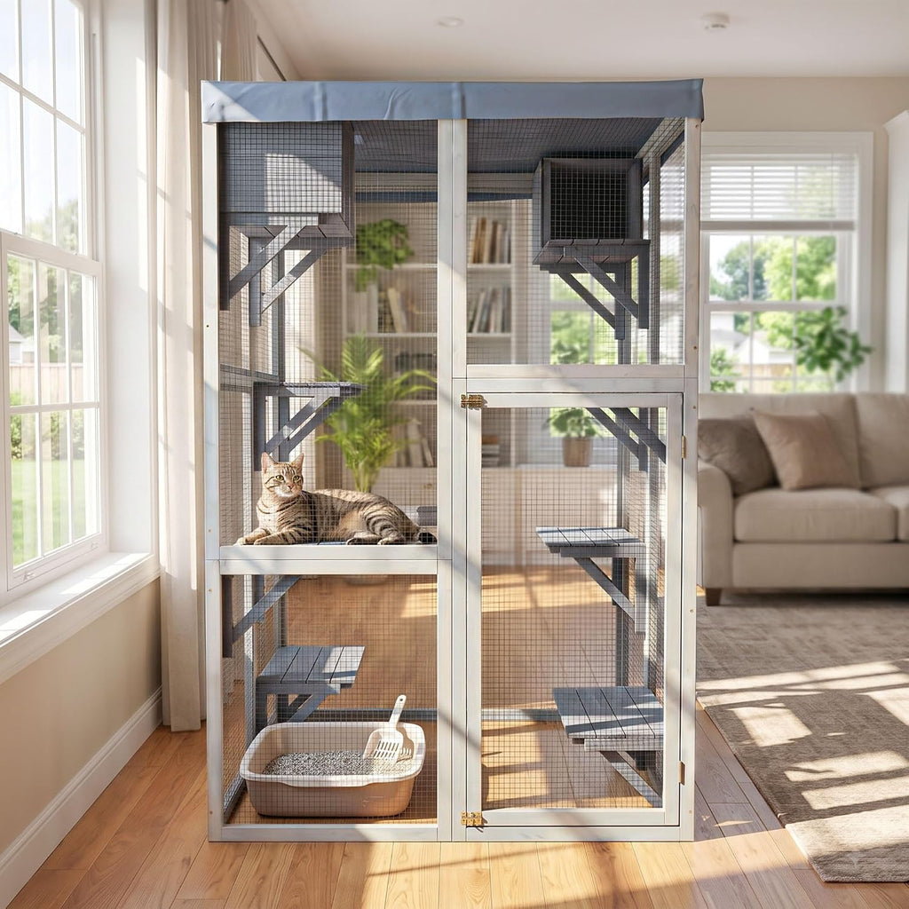 70.5 Inch Wooden Catio, Indoor Outdoor Cat Enclosure with 6 Platforms