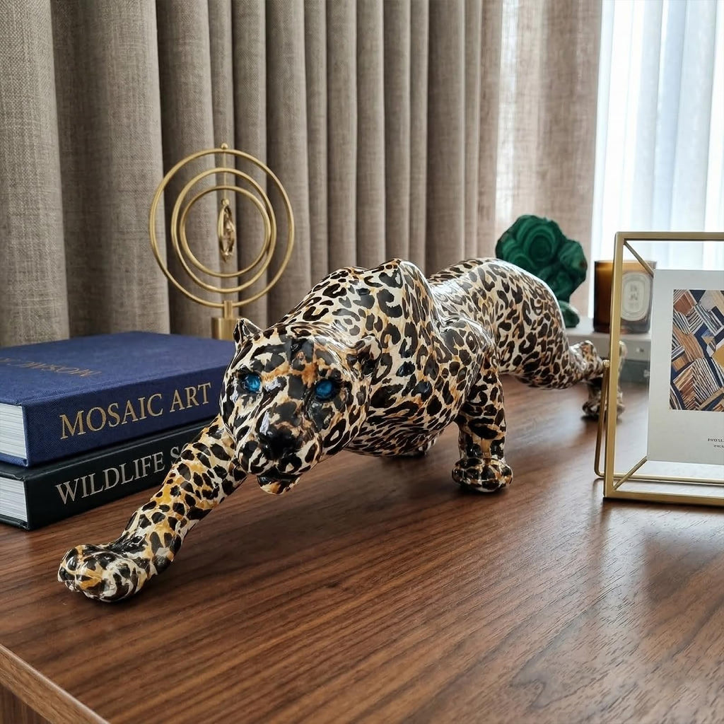 Modern Leopard Statue Home Decor - 15.4" Long Safari Animal Sculpture Figurine - Elegant Cheetah Panther Accent Desk