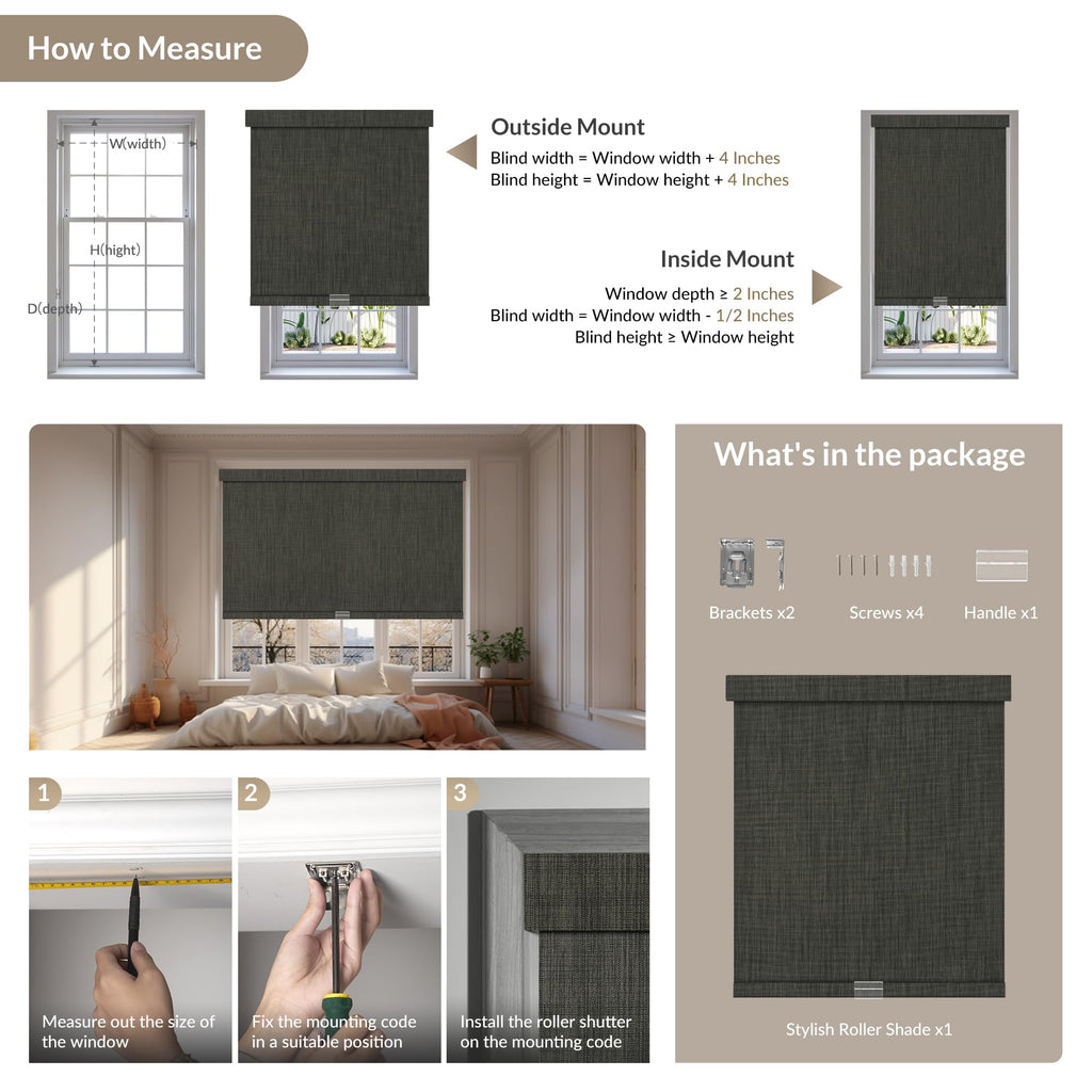Cordless Blackout Roller Shades for Windows, Grey
