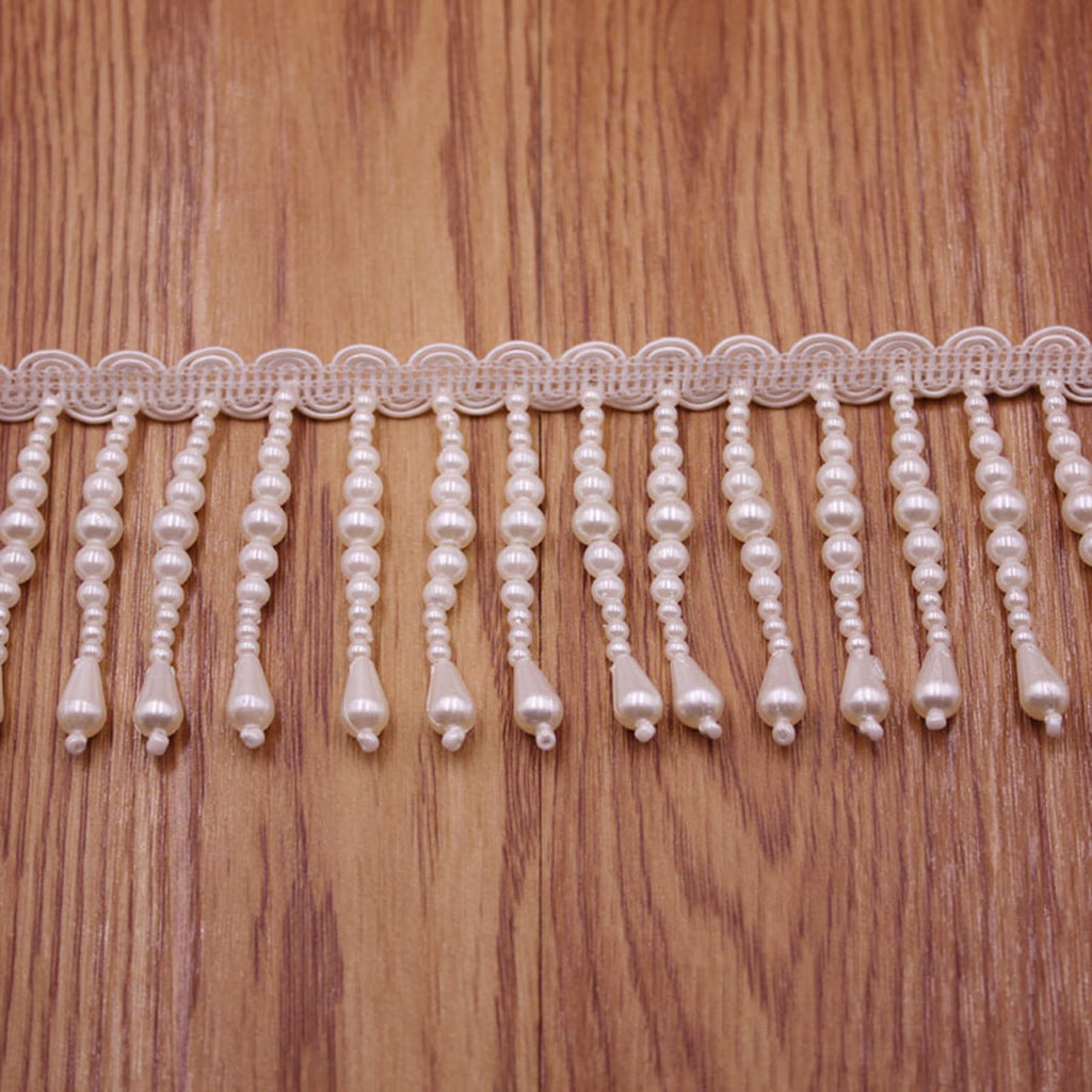 Pearl Fringe Trim with Teardrop Beads - Decorative Lace for Clothing, Lampshades, Curtains, and DIY Crafts - 1 Yard