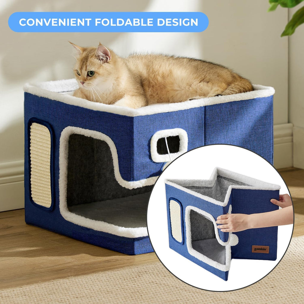 Cat Beds for Indoor Cats - Large Cat House for Pet with Fluffy Ball Hanging and Scratch Pad, Foldable Cat